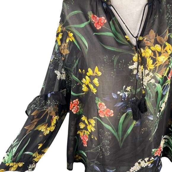 Chico's Chiffon Floral Ruffle Sleeve Ikat Blouse 18 - Picture 10 of 12